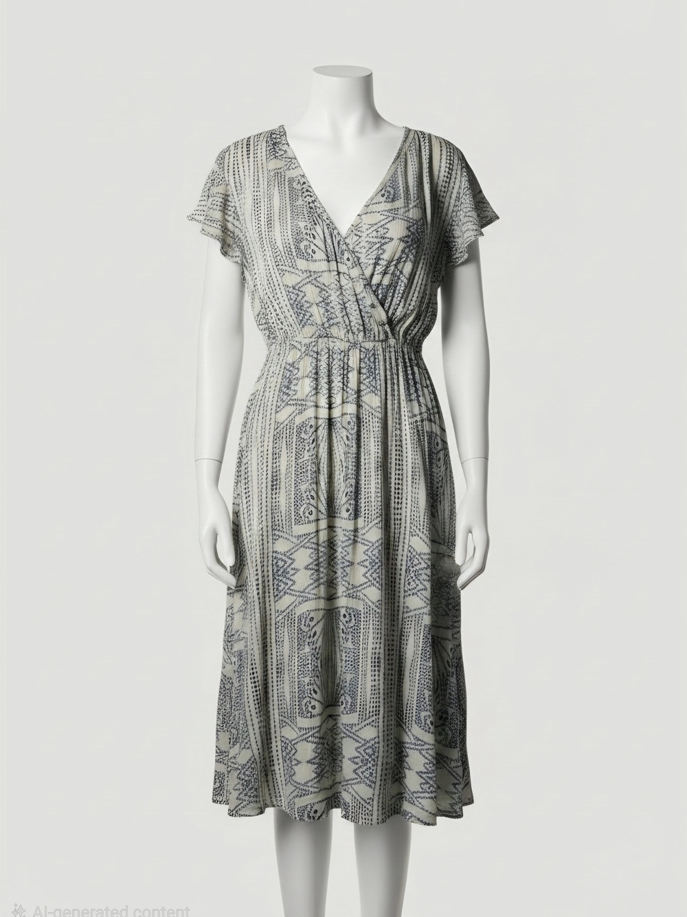 Ivory and Navy Printed Wrap Midi Dress